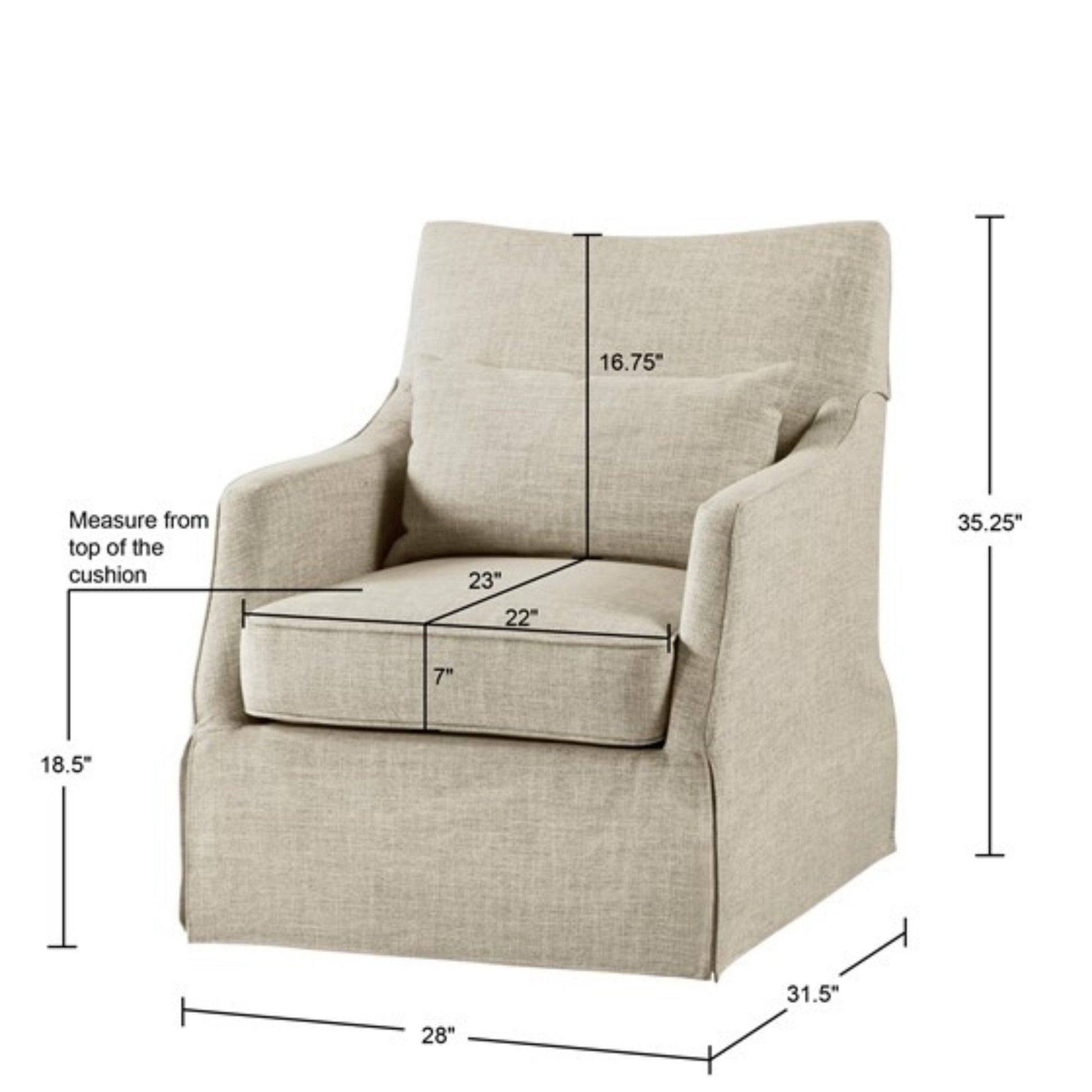 The Traditional Design London Skirted Swivel Chair is a beige upholstered armchair measuring 35.25” high, 31.5” deep, and 28” wide, with an 18.5” seat height, 23” seat depth, 7” cushion thickness, 22” seat width, and a 16.75” back height.