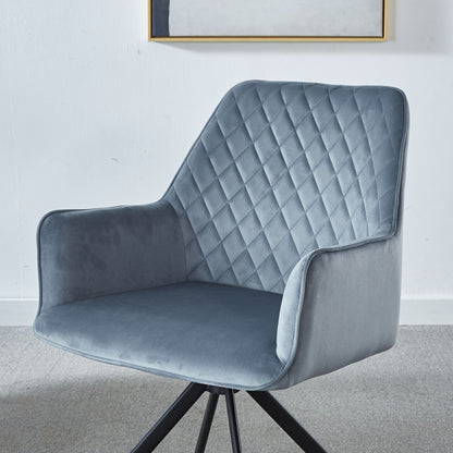 A Modern Desk Chair No Wheel, Ergonomic Office Chair with blue upholstery and metal legs sits in a light-colored room with minimalist walls and carpet, adding a stylish touch to your bedroom, reception area, or living room.