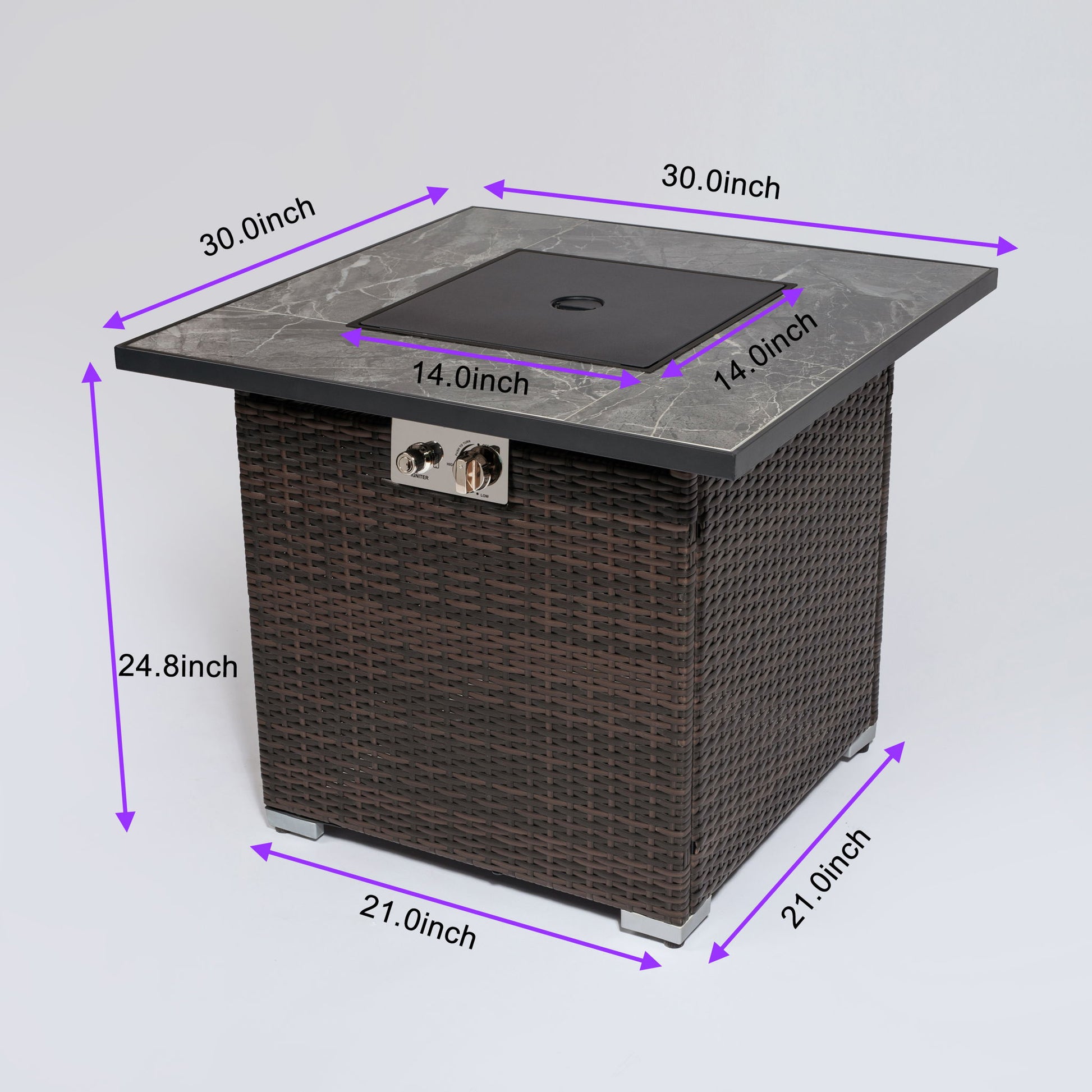 30" Outdoor Fire Table Propane Gas Fire Pit Table with lid, glass rocks, and rain cover in Espresso; measures 30 x 30 x 24.8 inches, center cover is 14 x 14 inches. Purple arrows on image indicate dimensions.