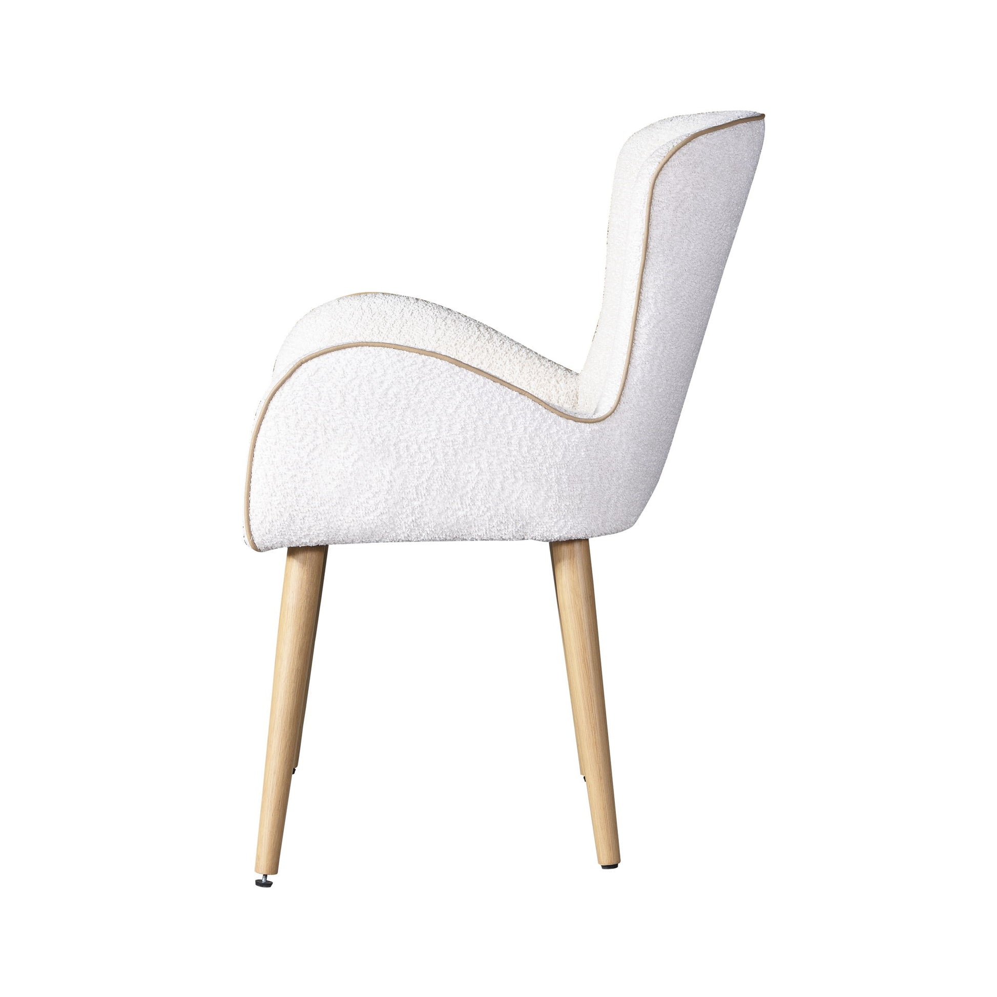 Side view of the Qwin - Boucle Side Chair (Set of 2) in beige, featuring a modern design with light wooden legs and a slightly curved backrest, upholstered in boucle fabric, isolated on a white background.