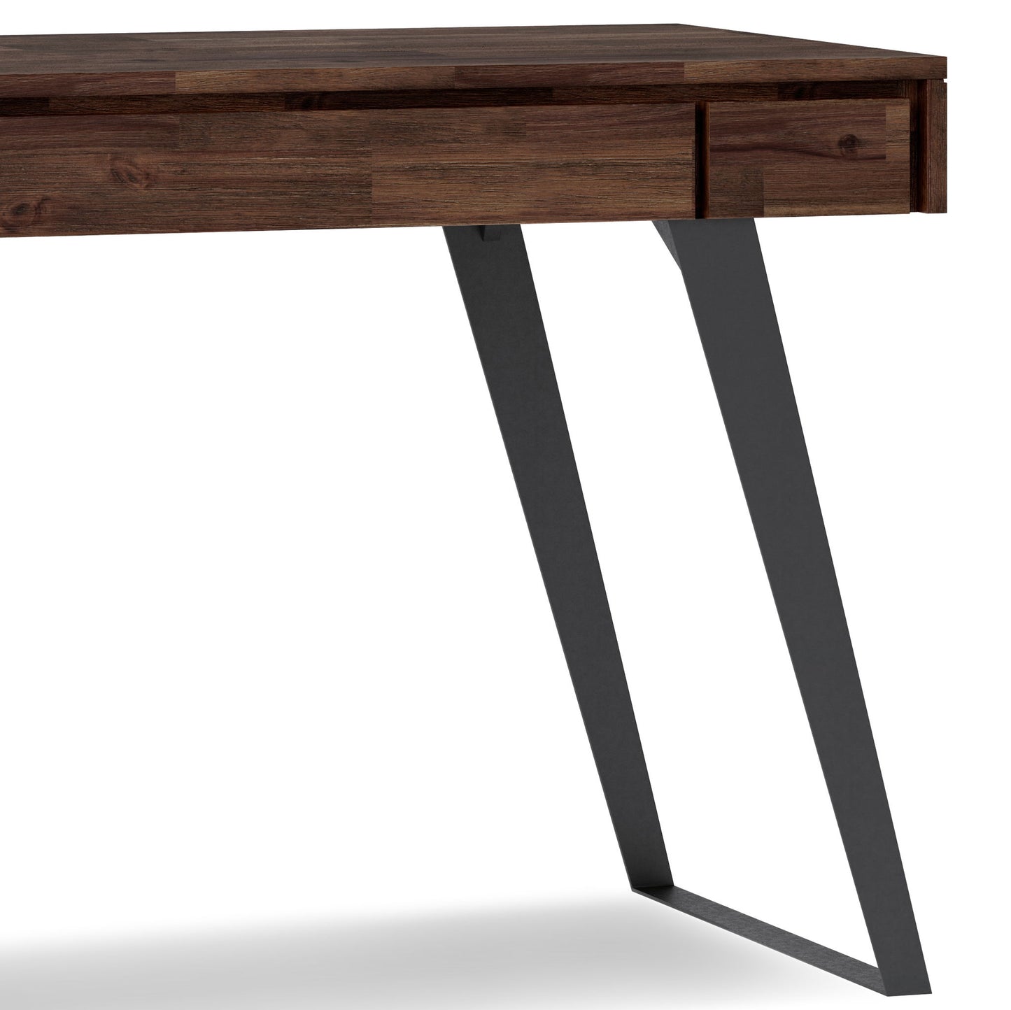 The Lowry - Handcrafted Desk features a dark wooden top, two slim drawers, and angled black metal legs, shown against a white background.