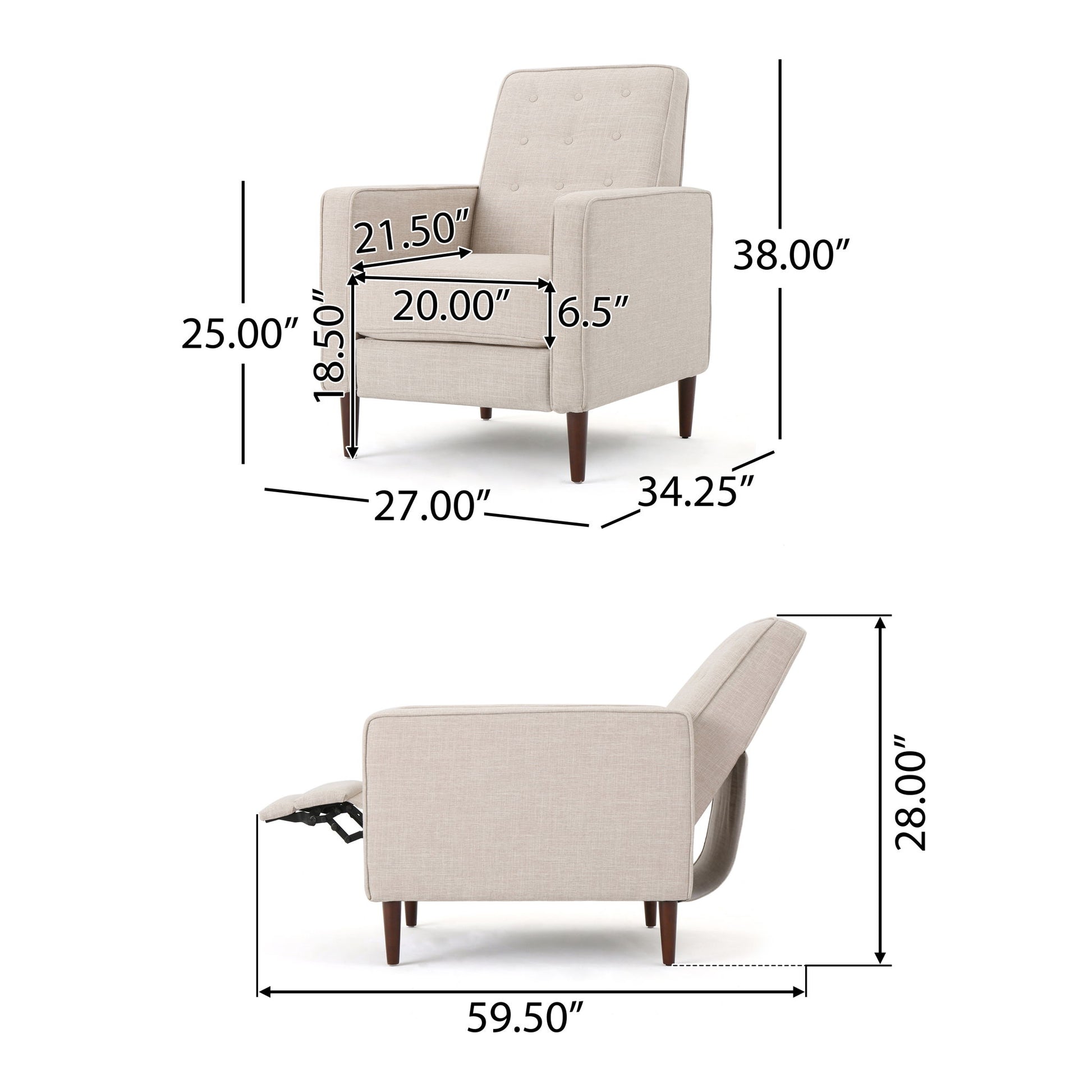 Mid-Century Modern Recliner With Button Tufted Waffle Stitch, beige upholstery, measures 34.25"W x 38"H x 27"D (upright), seat is 21.5"W x 20"D x 18.5"H, arm height 25", reclined length 59.5", back height 28".