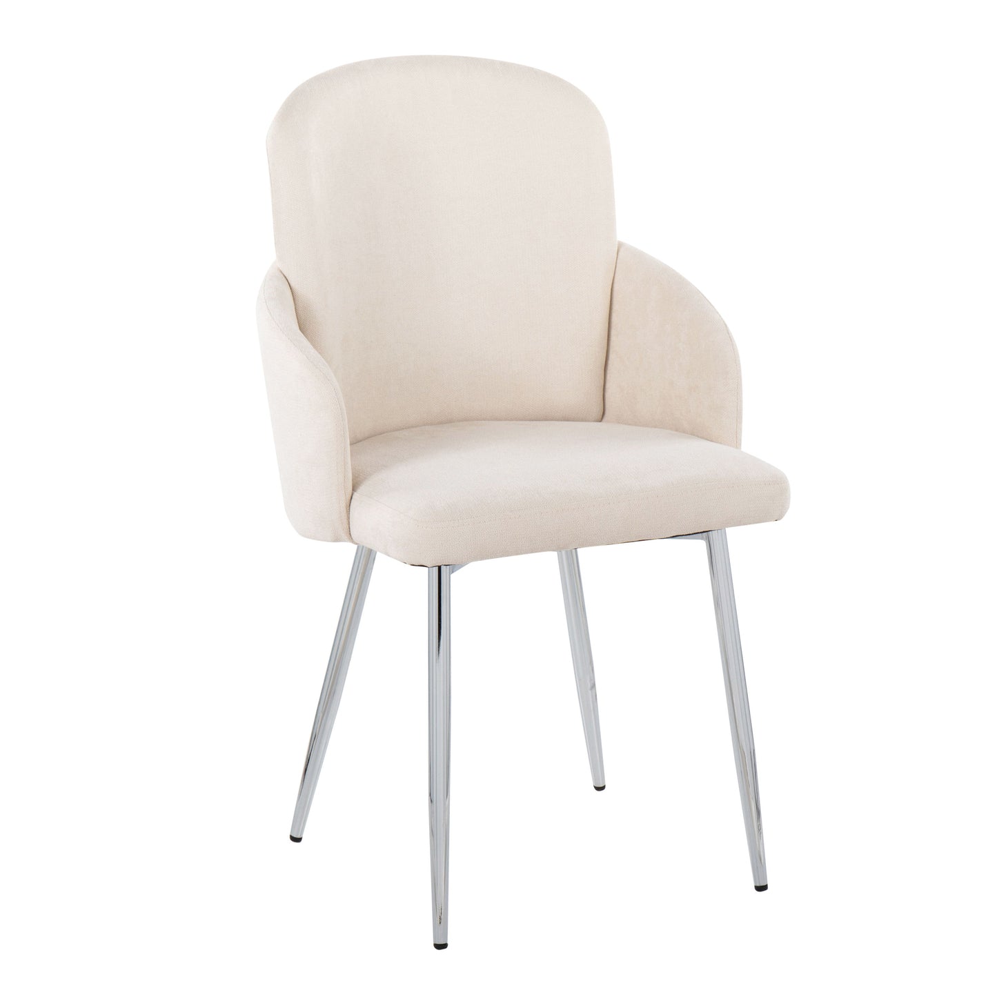 The Dahlia Contemporary Dining Chair (Set of 2) features a curved, upholstered beige seat and backrest, complemented by slim, angled metal legs with a shiny chrome finish.