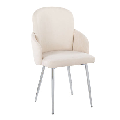 The Dahlia Contemporary Dining Chair (Set of 2) features a curved, upholstered beige seat and backrest, complemented by slim, angled metal legs with a shiny chrome finish.