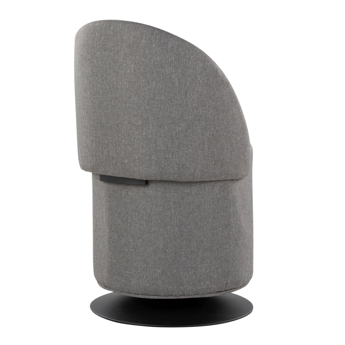 The Finch Contemporary Chair features modern gray upholstery, a rounded backrest, and a black circular base, shown in profile against a white background.