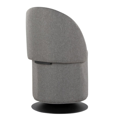 The Finch Contemporary Chair features modern gray upholstery, a rounded backrest, and a black circular base, shown in profile against a white background.
