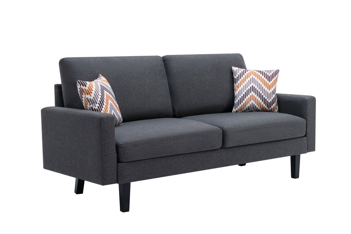 The Bahamas Sofa Set features a modern dark gray design with straight arms, black legs, two seat and back cushions, and includes two geometric-patterned orange, gray, and white throw pillows at each end.