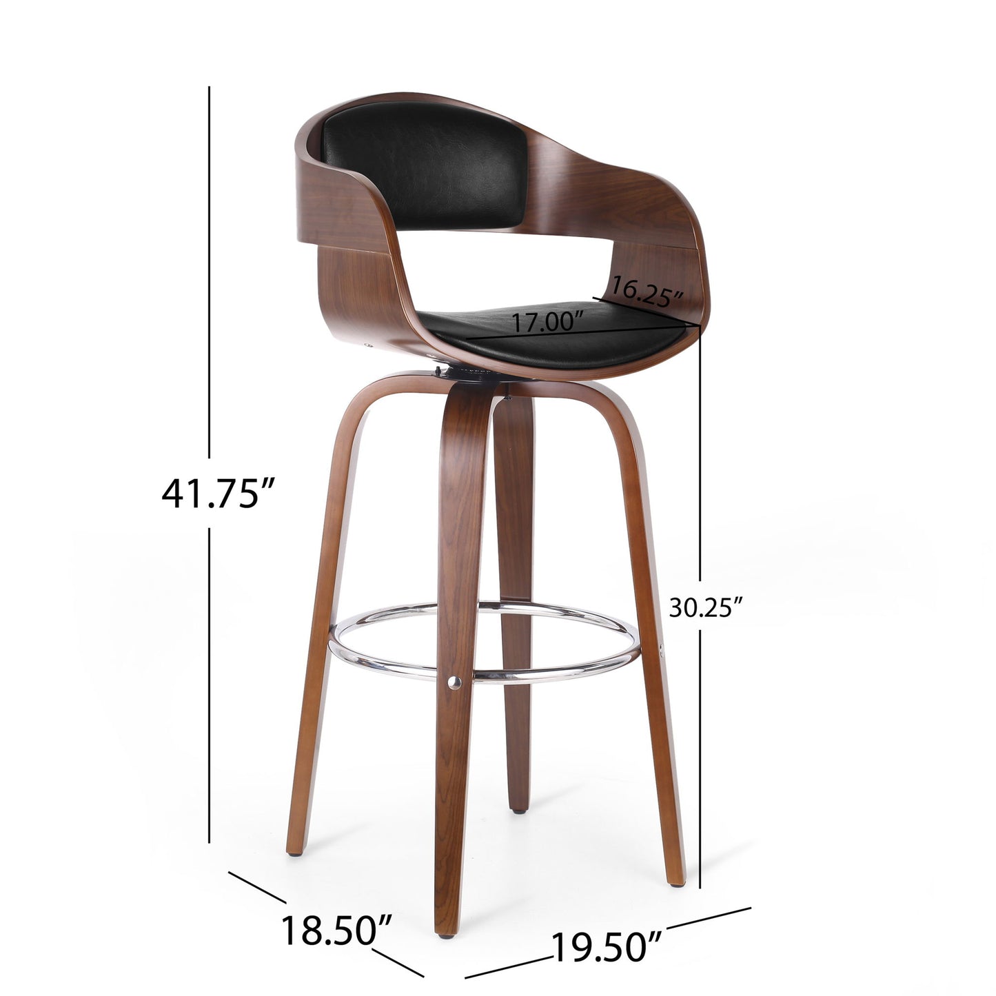 The Modern Bar Stool, Swivel Function features a curved wooden frame, black cushioned seat and backrest, metal footrest, four angled legs, and measures 41.75"H overall with a 30.25" seat height, 17"W x 16.25"D seat, and leg widths of 18.5" and 19.5".