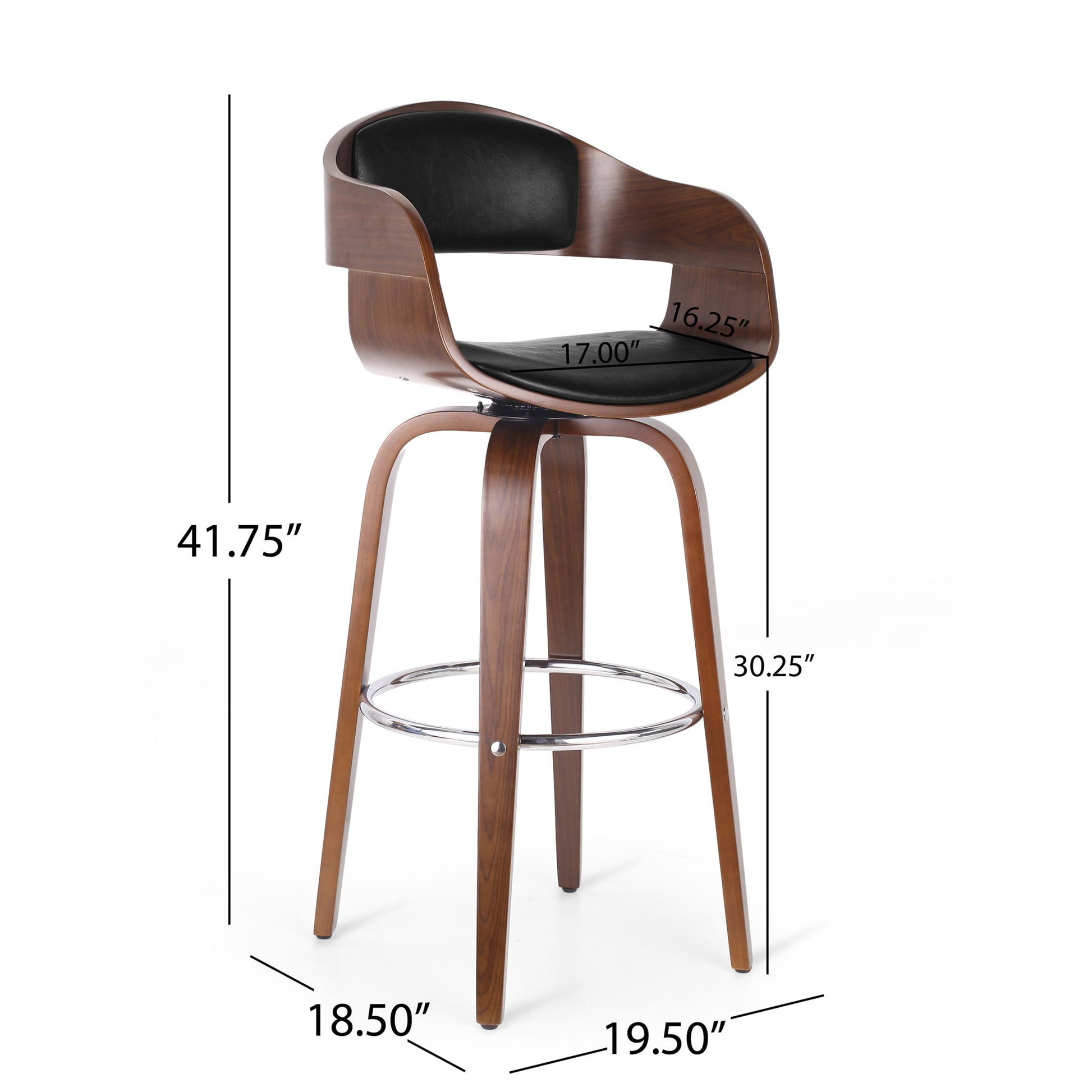 The Modern Bar Stool, Swivel Function features a curved wooden frame, black cushioned seat and backrest, metal footrest, four angled legs, and measures 41.75"H overall with a 30.25" seat height, 17"W x 16.25"D seat, and leg widths of 18.5" and 19.5".