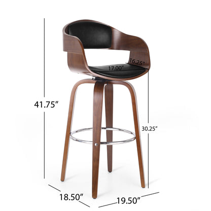 The Modern Bar Stool, Swivel Function features a curved wooden frame, black cushioned seat and backrest, metal footrest, four angled legs, and measures 41.75"H overall with a 30.25" seat height, 17"W x 16.25"D seat, and leg widths of 18.5" and 19.5".