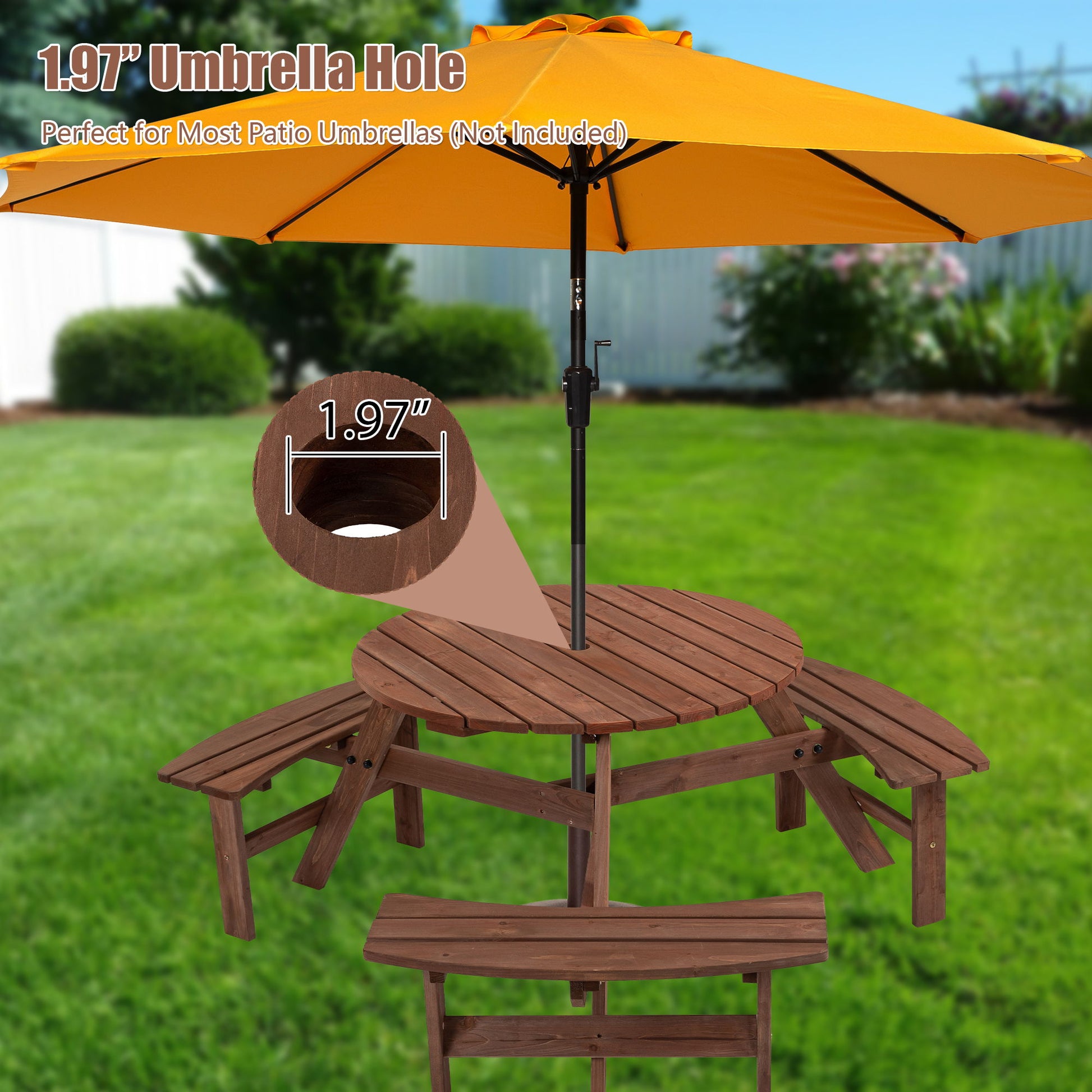 The 6 Person Circular Outdoor Wooden Picnic Table features 3 built-in benches, a 1.97-inch umbrella hole in the center, and holds up to 1720 lbs; ideal for patio, backyard, or garden settings. Large yellow umbrella shown (not included).