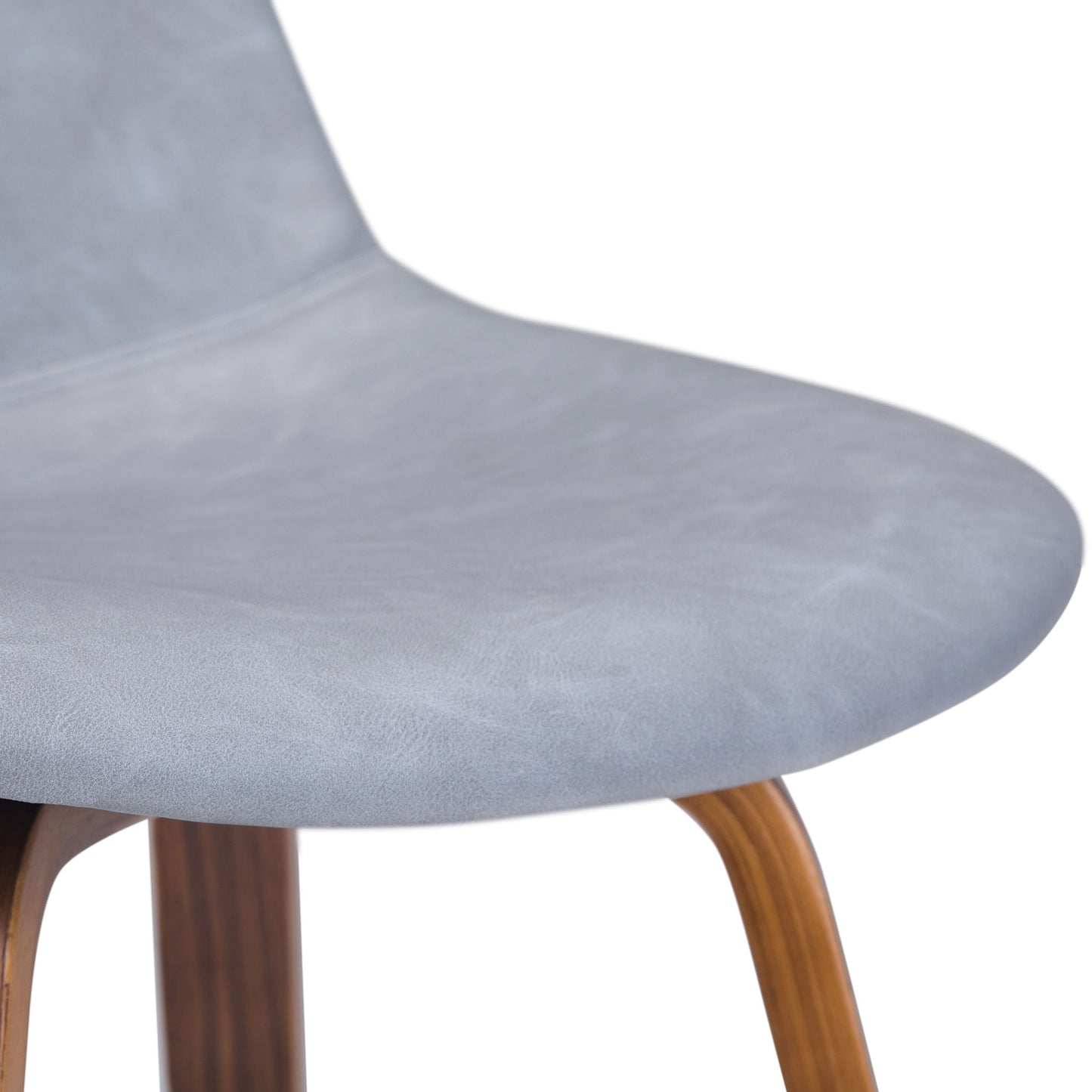 Close-up of the Randolph Bentwood Counter / Bar Height Stool (Set of 2) featuring a light grey, smooth upholstered seat and angled wooden legs.