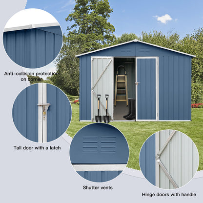 The 10' x 12' Garden Sheds Outdoor Storage Sheds, shown in blue metal on a green lawn with open hinge doors, features anti-collision corners, tall latch doors, shutter vents, and ample space for tools and ladders inside.