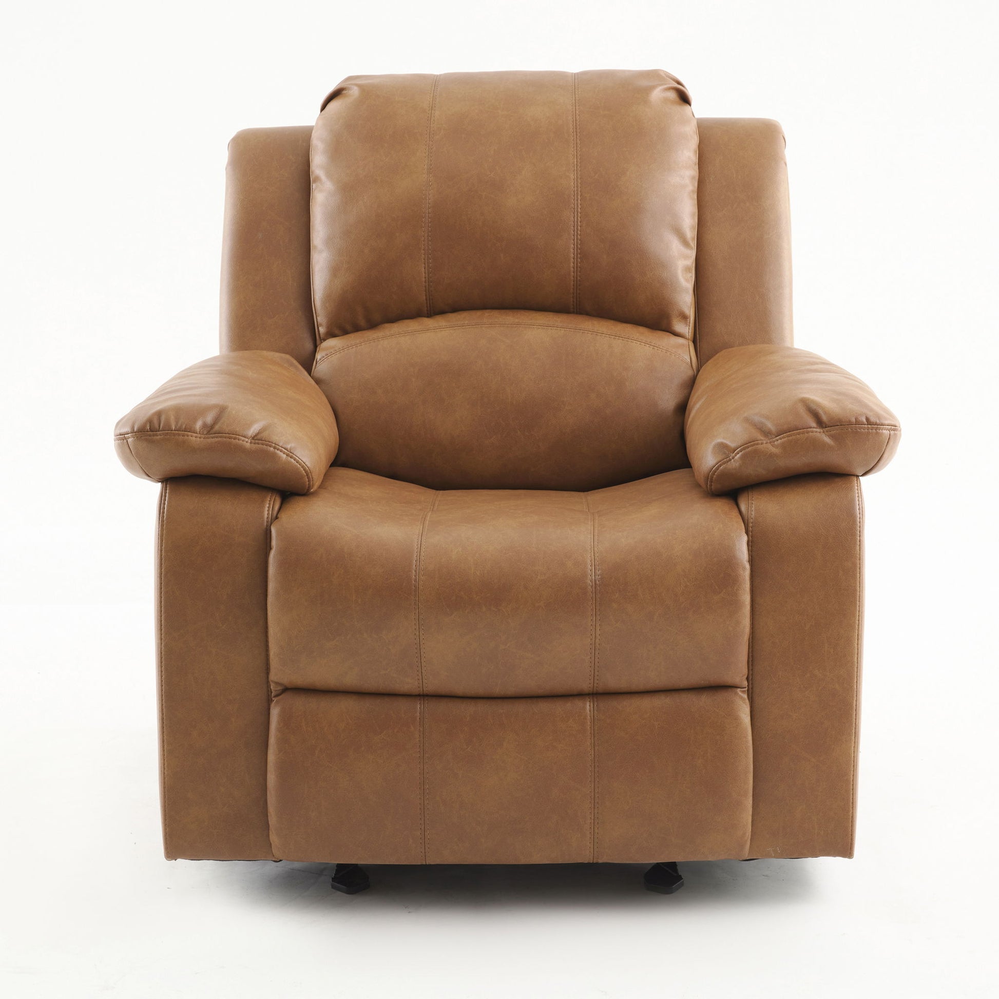 The Charlotte - Glider Recliner With Classic Style is a brown leather armchair featuring plush cushions and wide armrests, displayed from the front against a plain white background.