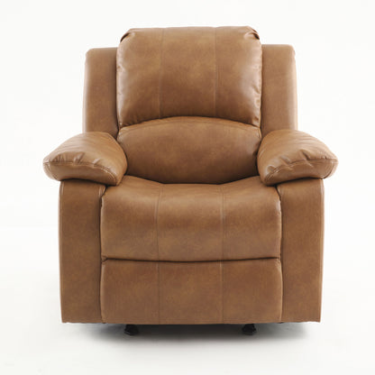 The Charlotte - Glider Recliner With Classic Style is a brown leather armchair featuring plush cushions and wide armrests, displayed from the front against a plain white background.