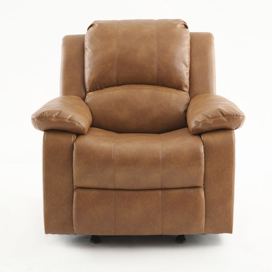 The Charlotte - Glider Recliner With Classic Style is a brown leather armchair featuring plush cushions and wide armrests, displayed from the front against a plain white background.