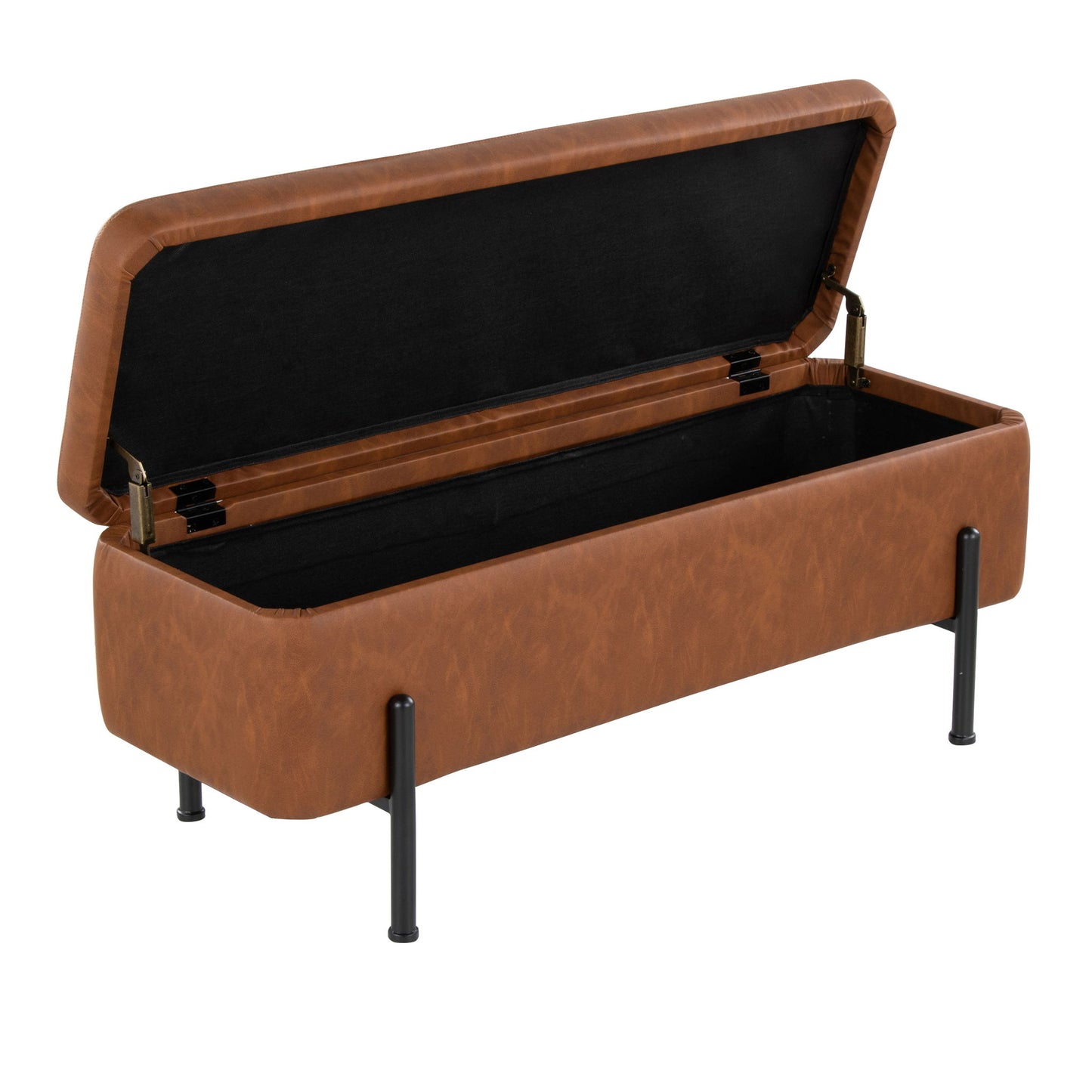 The Daniella - Contemporary Storage Bench in Black/Camel features a brown upholstered seat, open hinged lid revealing a spacious compartment, rectangular shape, and four black metal legs.
