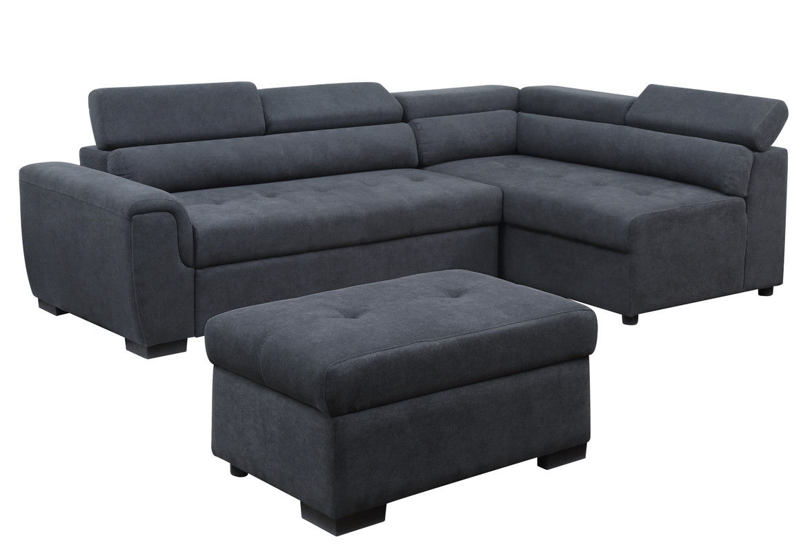 The Haris Fabric Sleeper Sofa Sectional in dark gray features an L-shape, tufted cushions, adjustable headrests, and short block-style legs, and comes with a matching rectangular storage ottoman.