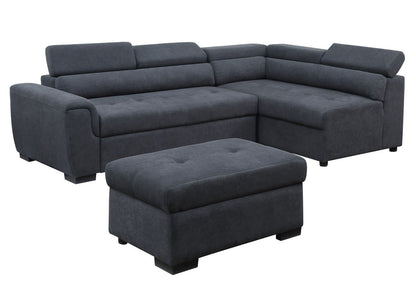 The Haris Fabric Sleeper Sofa Sectional in dark gray features an L-shape, tufted cushions, adjustable headrests, and short block-style legs, and comes with a matching rectangular storage ottoman.