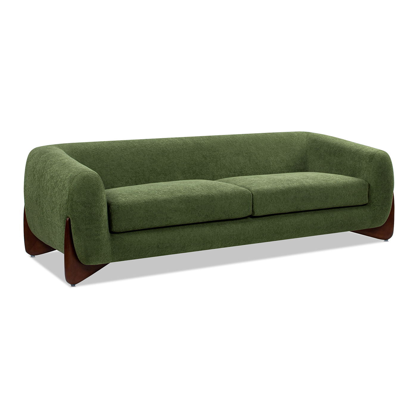The Alpine - Luxurious Upholstery Sherpa Sofa features a modern green design with curved edges, wooden legs, two seat cushions, and a low backrest.
