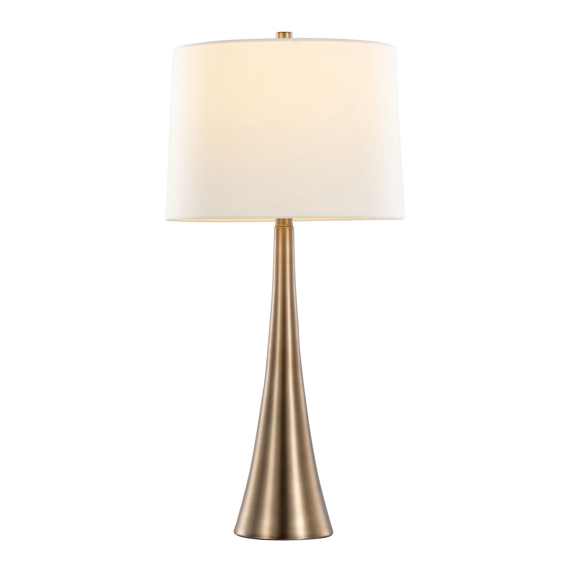 The Diana - Contemporary Table Lamp (Set of 2) features a tall, sleek brushed brass base and a large white drum lampshade, shown against a plain white background.