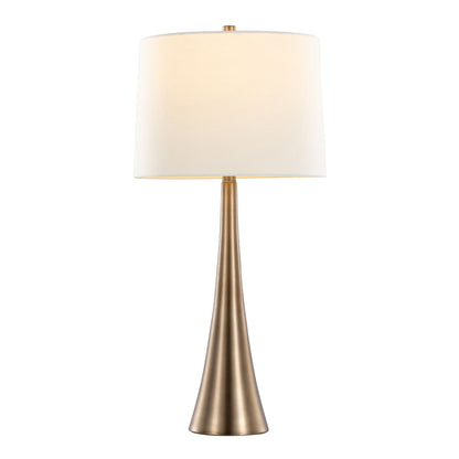 The Diana - Contemporary Table Lamp (Set of 2) features a tall, sleek brushed brass base and a large white drum lampshade, shown against a plain white background.