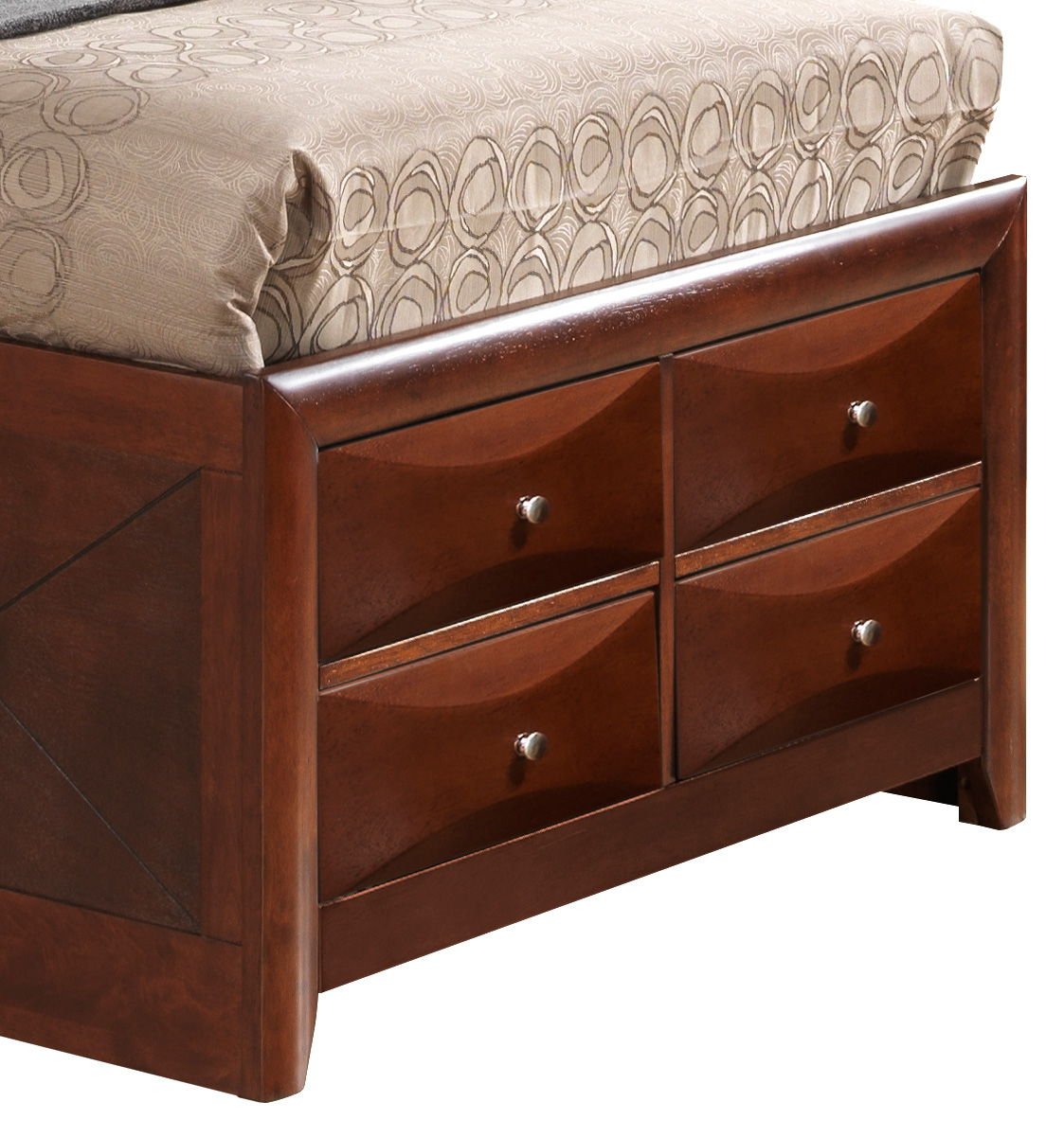 Close-up of the Marilla Storage Bed with Bookcase Headboard, showing four built-in storage drawers with silver knobs and topped with a beige patterned comforter.