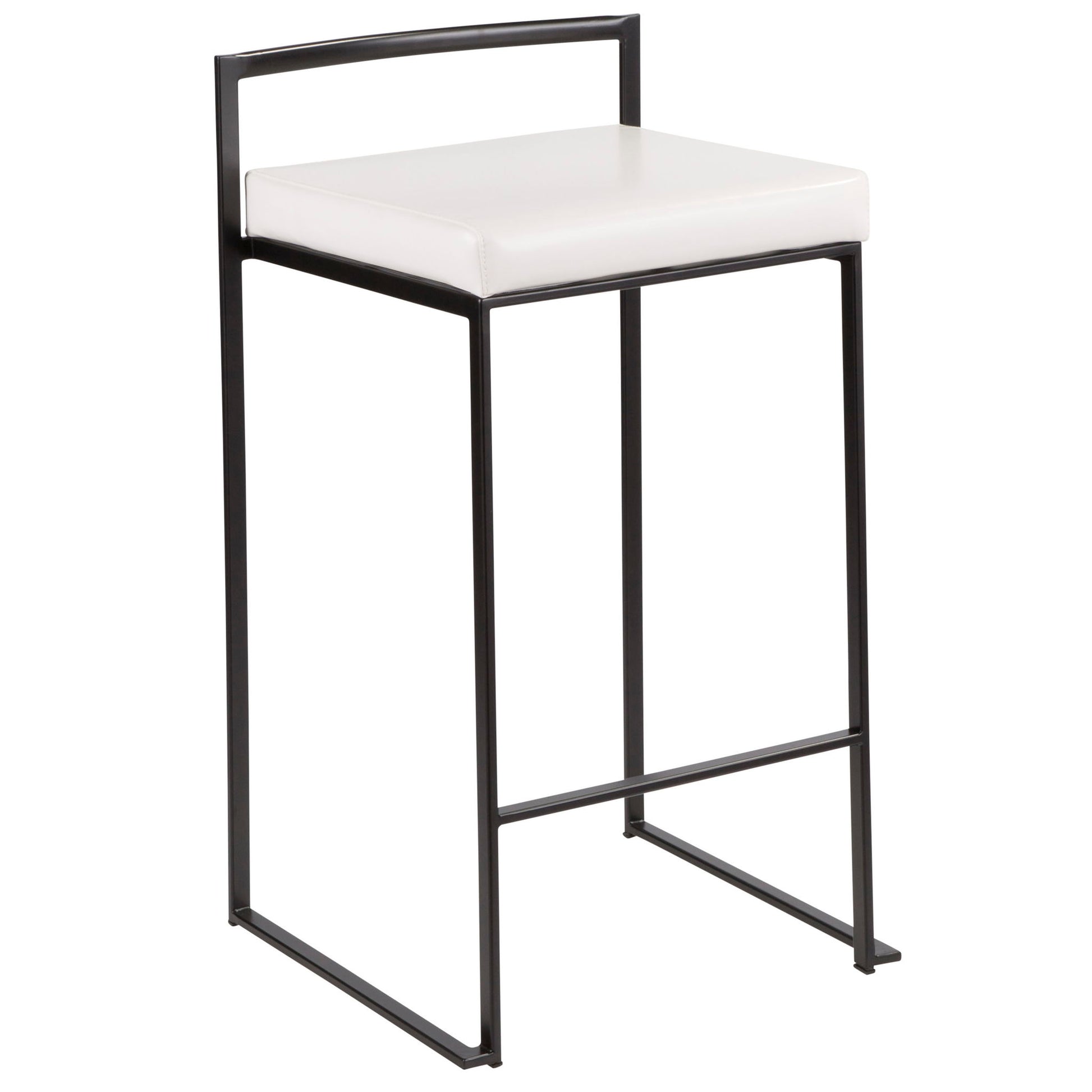 The Fuji - Contemporary Style Stackable Counter Stool features a minimalistic black metal frame, white cushioned seat, low rectangular backrest, and no armrests—offering modern appeal and stackable convenience.
