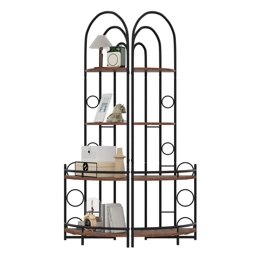 A 4 Tier Corner Bookshelf, Modern Style, Plant Stand with a black metal frame and antique brown shelves, features curved arches and circular accents. It is shown holding a table lamp, camera, figurine, books, and decorative boxes.