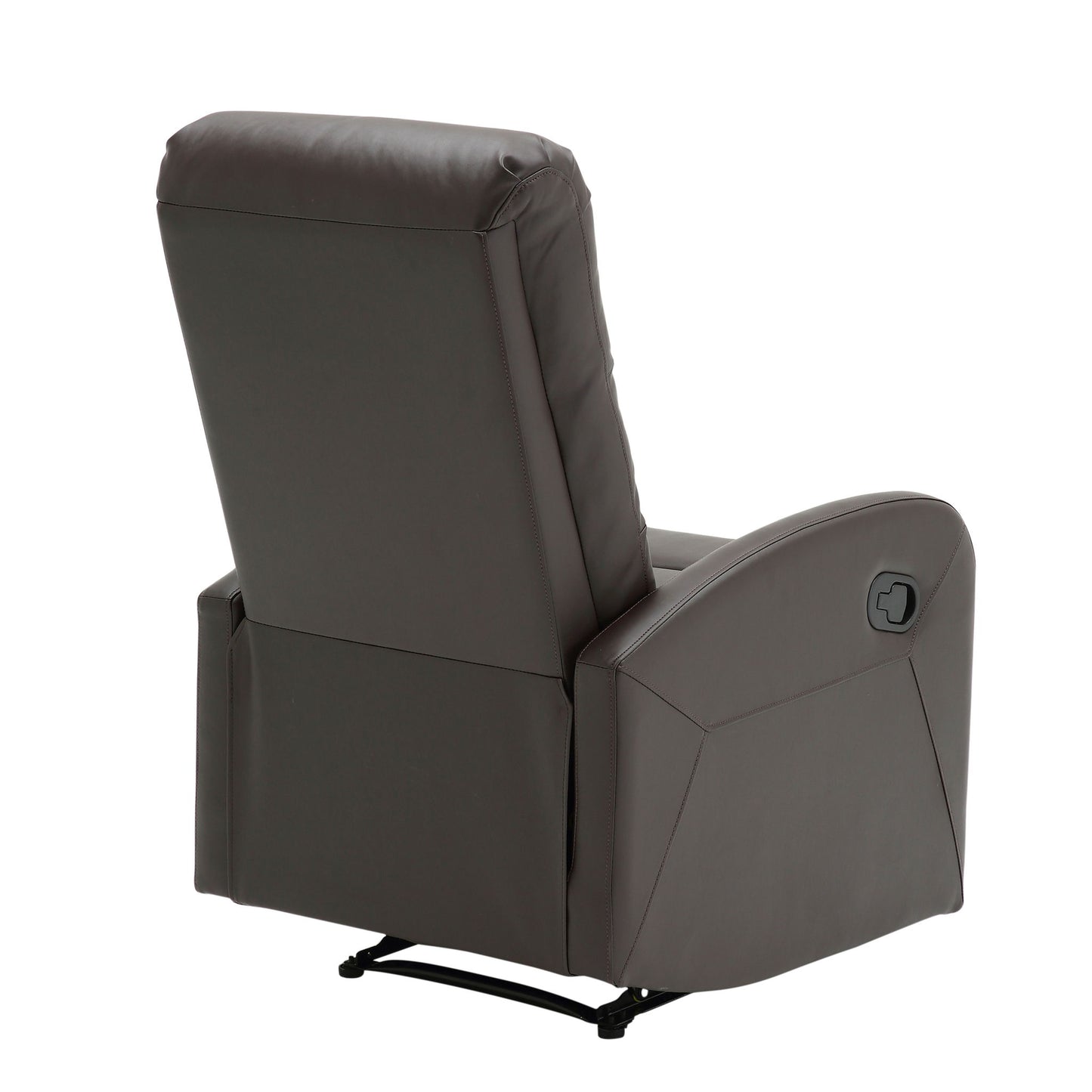 The Dormi - Contemporary Recliner Chair features dark brown leather, a visible recline handle on the right armrest, and a sturdy metal base, shown here from the back.