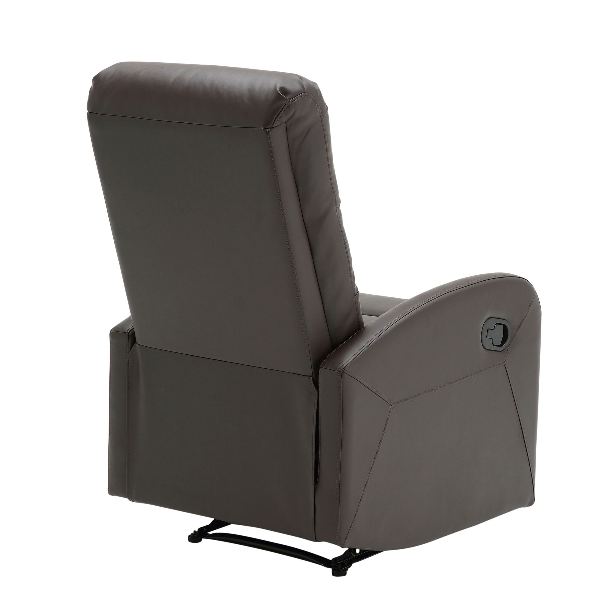 The Dormi - Contemporary Recliner Chair features dark brown leather, a visible recline handle on the right armrest, and a sturdy metal base, shown here from the back.