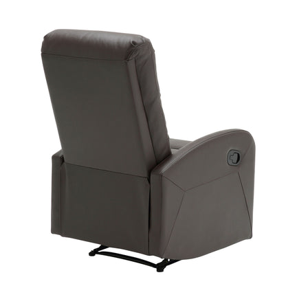 The Dormi - Contemporary Recliner Chair features dark brown leather, a visible recline handle on the right armrest, and a sturdy metal base, shown here from the back.