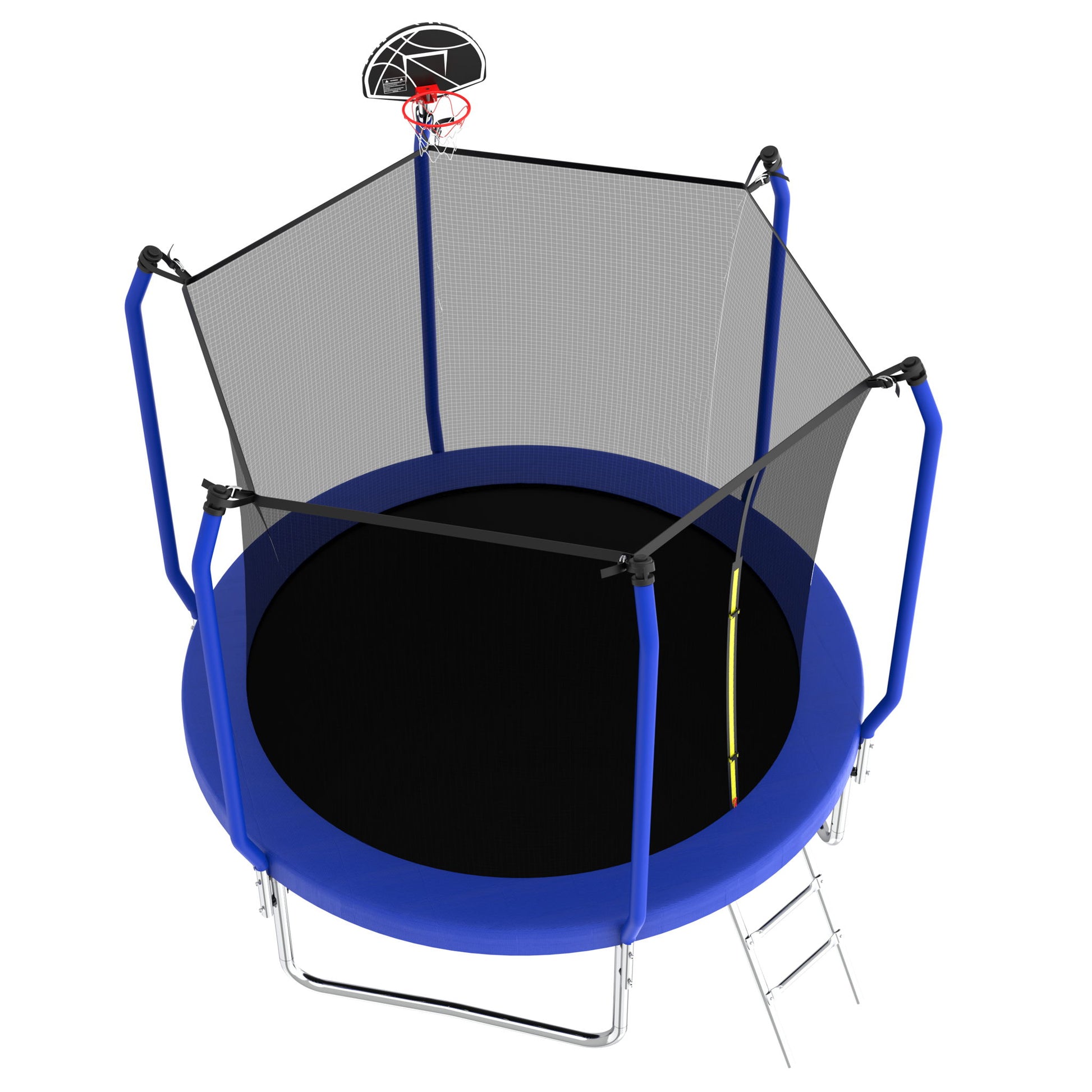 The Trampoline With Basketball Hoop is a hexagonal outdoor trampoline with blue padding, an enclosure net, small ladder, and a basketball hoop on one side. It is ASTM approved and reinforced for safety.