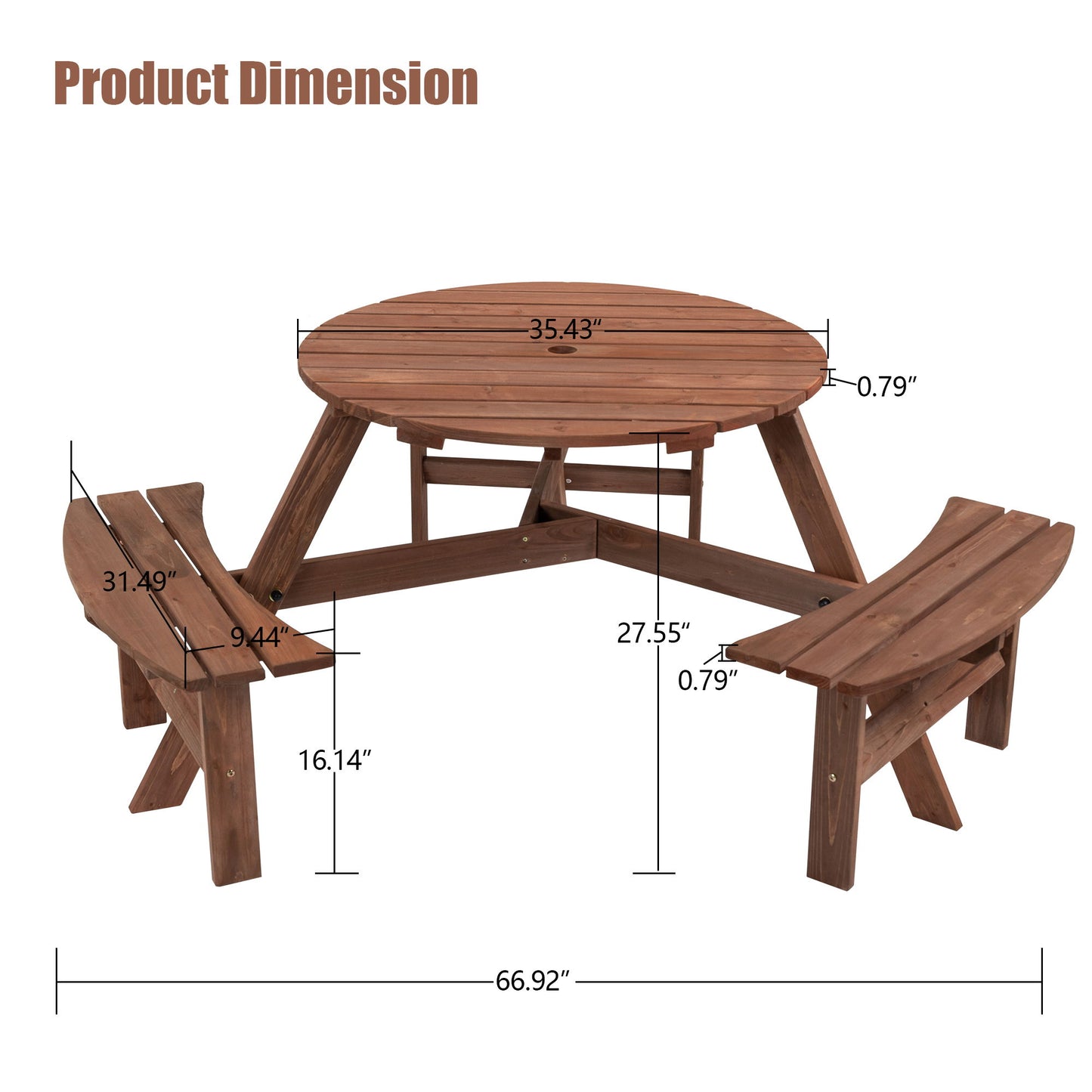The 6 Person Circular Outdoor Wooden Picnic Table features three built-in benches, a 35.43" diameter tabletop, 27.55" height, and overall width of 66.92", supporting up to 1720 lbs—ideal for patio, backyard, or garden gatherings.