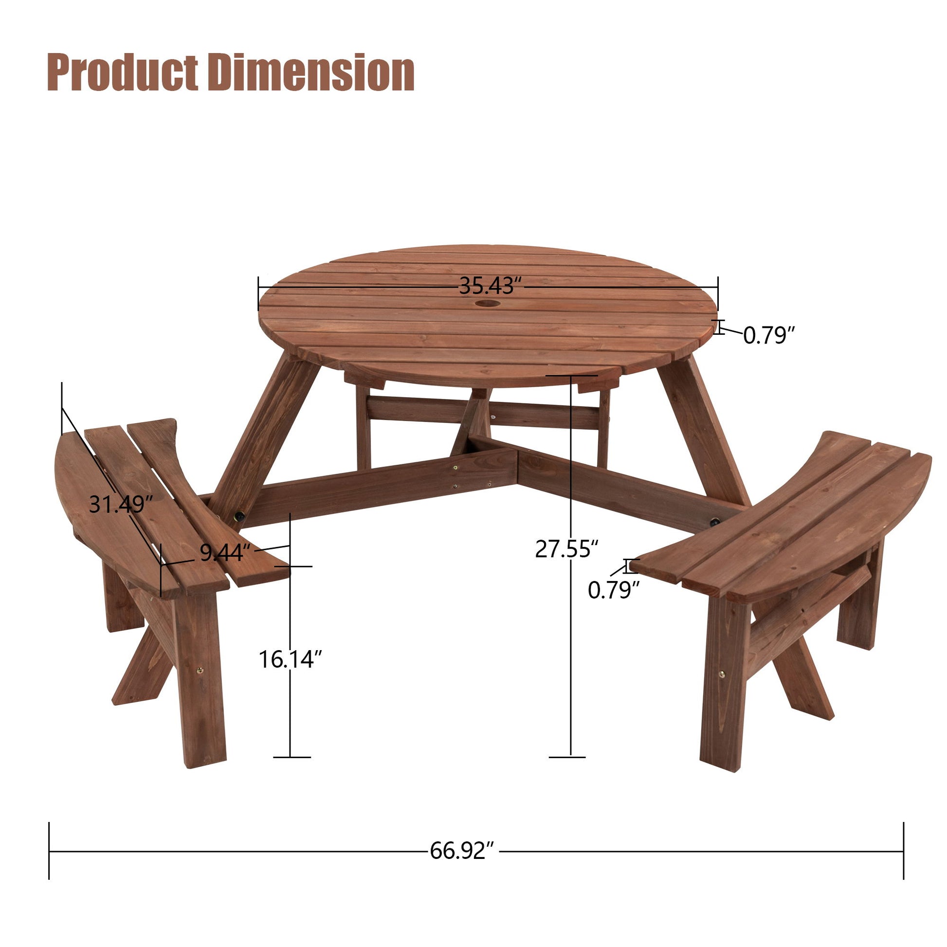 The 6 Person Circular Outdoor Wooden Picnic Table features three built-in benches, a 35.43" diameter tabletop, 27.55" height, and overall width of 66.92", supporting up to 1720 lbs—ideal for patio, backyard, or garden gatherings.