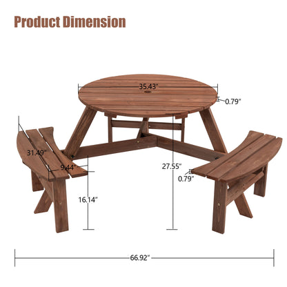 The 6 Person Circular Outdoor Wooden Picnic Table features three built-in benches, a 35.43" diameter tabletop, 27.55" height, and overall width of 66.92", supporting up to 1720 lbs—ideal for patio, backyard, or garden gatherings.