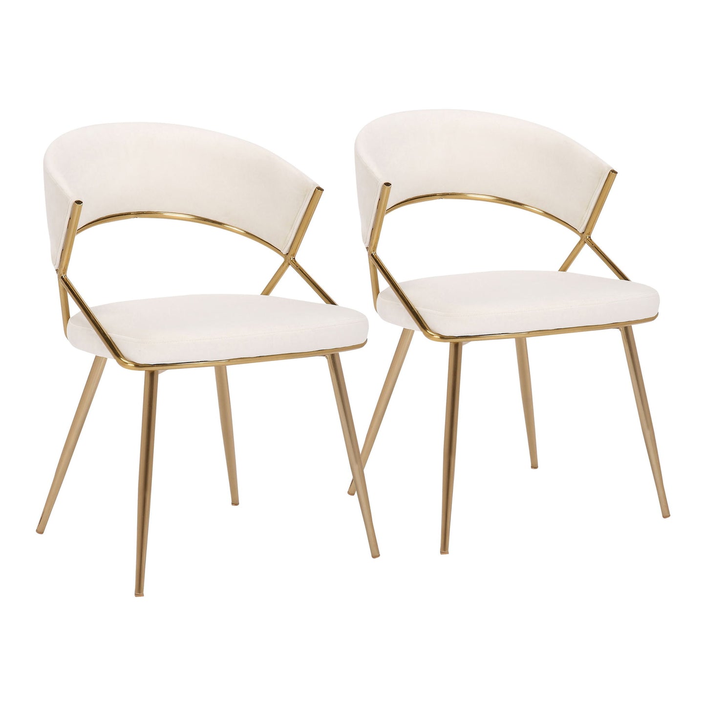 The Jie - Glam Dining Chair (Set of 2) features gold metal frames, white cushioned seats and backs, open back design, and angled legs; shown side by side on a white background.