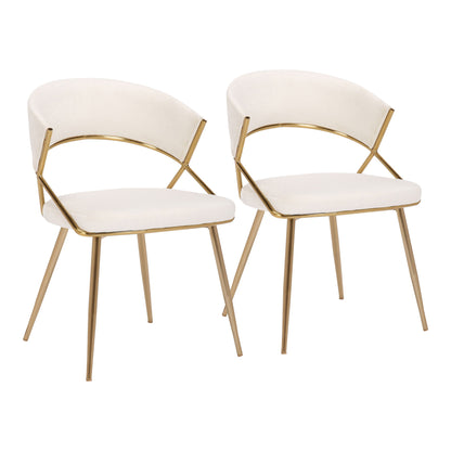 The Jie - Glam Dining Chair (Set of 2) features gold metal frames, white cushioned seats and backs, open back design, and angled legs; shown side by side on a white background.