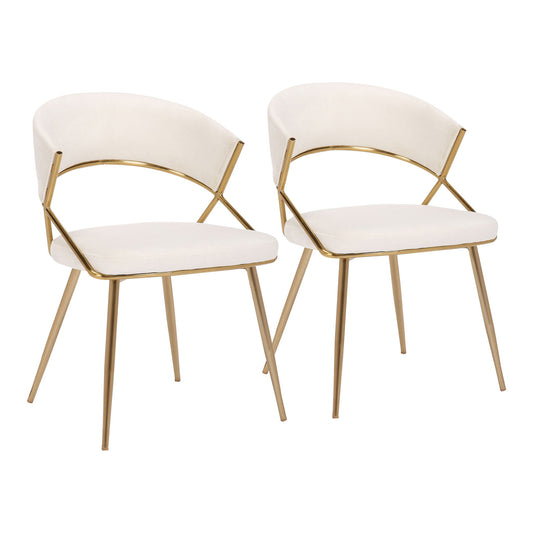 The Jie - Glam Dining Chair (Set of 2) features gold metal frames, white cushioned seats and backs, open back design, and angled legs; shown side by side on a white background.