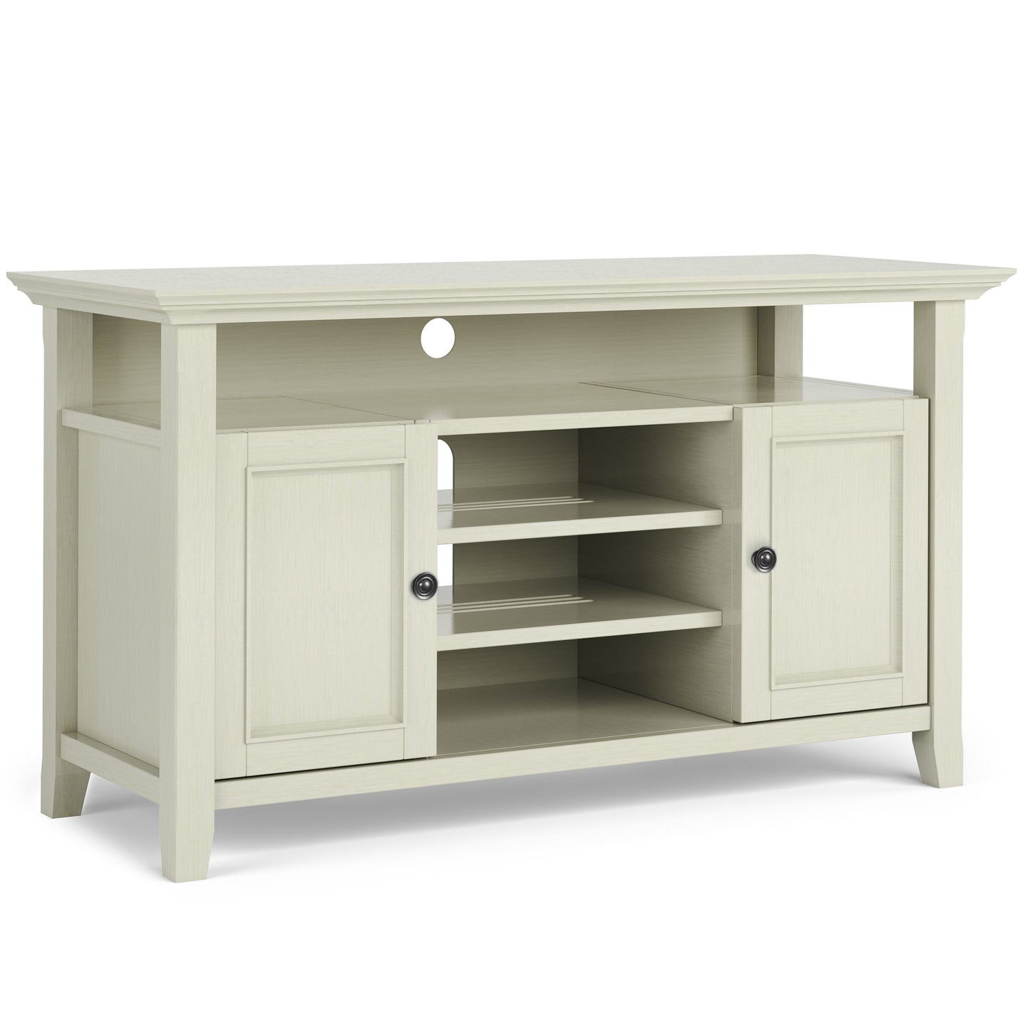The Amherst - TV Media Stand, Handcrafted, features a light wood finish, two side cabinets, three open center shelves, a top shelf, and a circular cable management hole on the back panel.