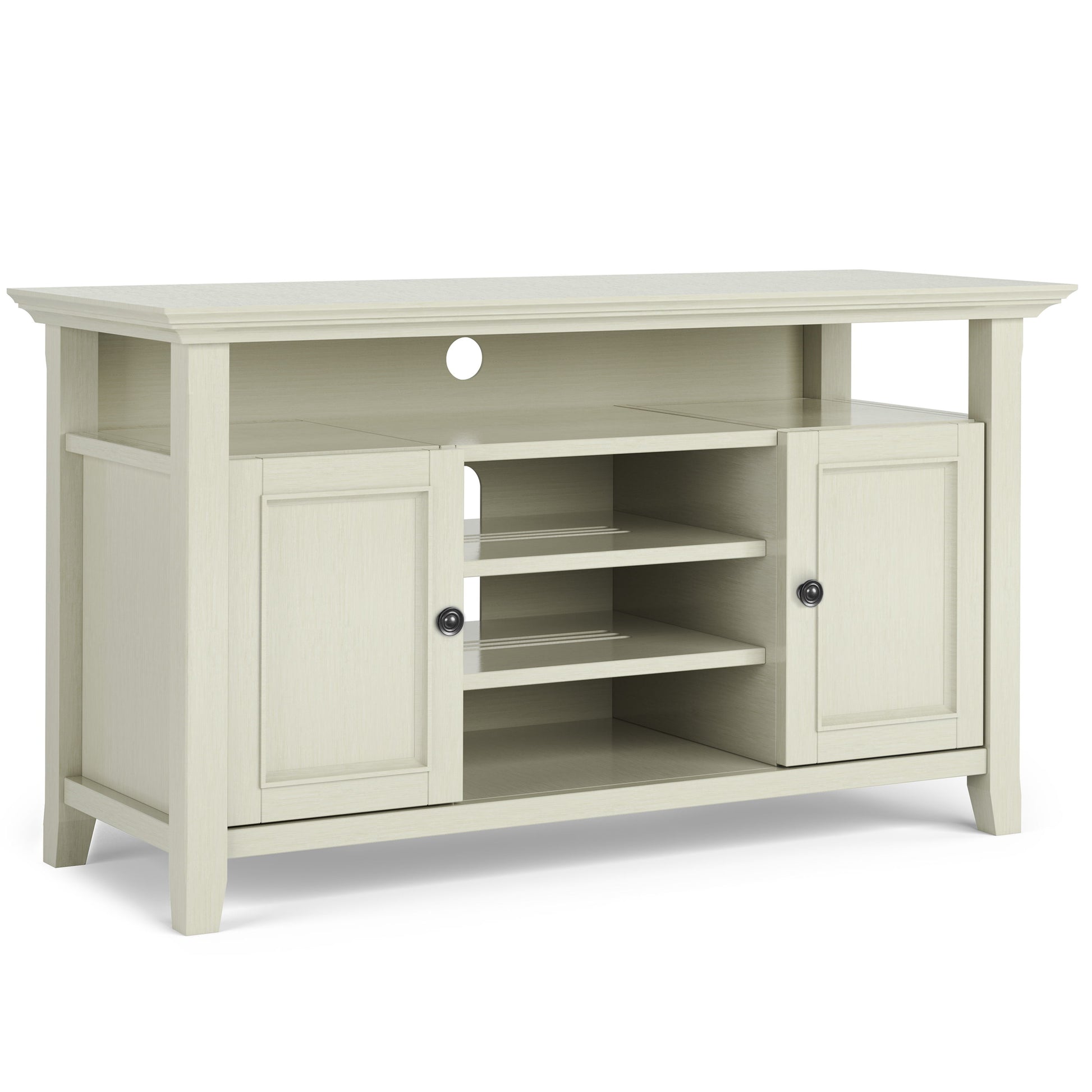The Amherst - TV Media Stand, Handcrafted, features a light wood finish, two side cabinets, three open center shelves, a top shelf, and a circular cable management hole on the back panel.