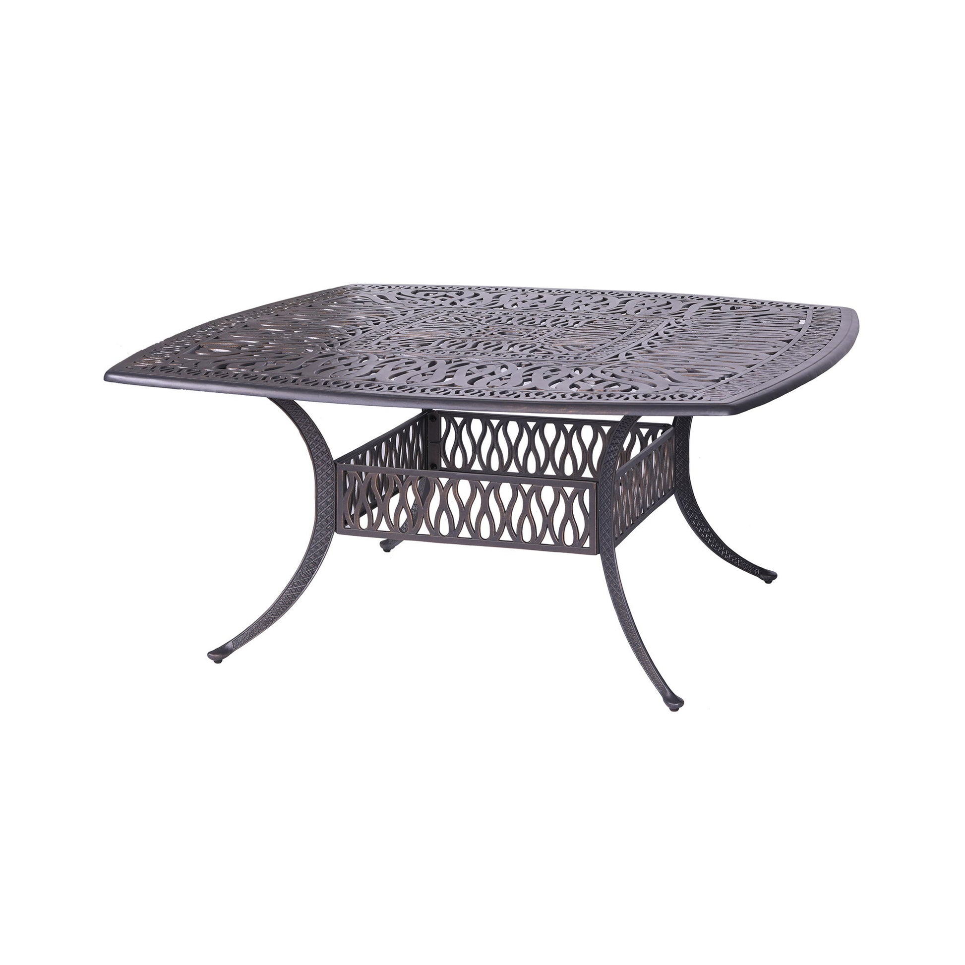 The Square 8 Person 64" Long Aluminum Dining Set With Cushions features a dark metal finish, decorative lattice-style top, and curved legs with ornate patterns, perfect for outdoor dining.
