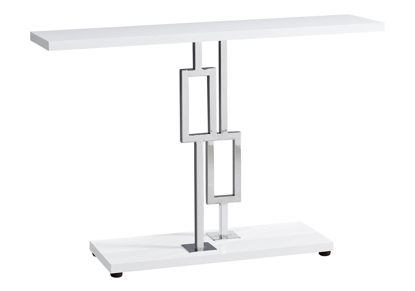 The Console Accent Table is a modern, narrow piece for the living room featuring a white rectangular top and base, connected by a chrome metal support with two open rectangular geometric shapes.