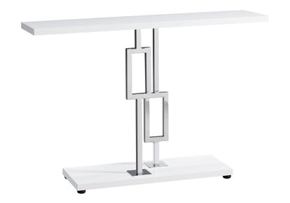 The Console Accent Table is a modern, narrow piece for the living room featuring a white rectangular top and base, connected by a chrome metal support with two open rectangular geometric shapes.