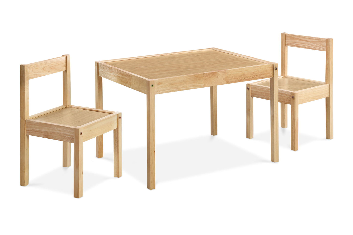 The Della 3 Piece Solid Wood Kids Table & Two Chair Set in Natural features a rectangular table and two matching chairs, all crafted from light wood with simple square designs.