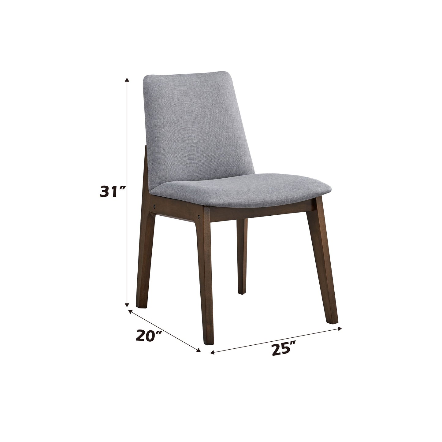 The Kaela Side Chair (Set of 2) in light gray features a cushioned seat and backrest, wooden legs, and measures 31” tall, 20” deep, and 25” wide—a stylish modern addition to your dining space.