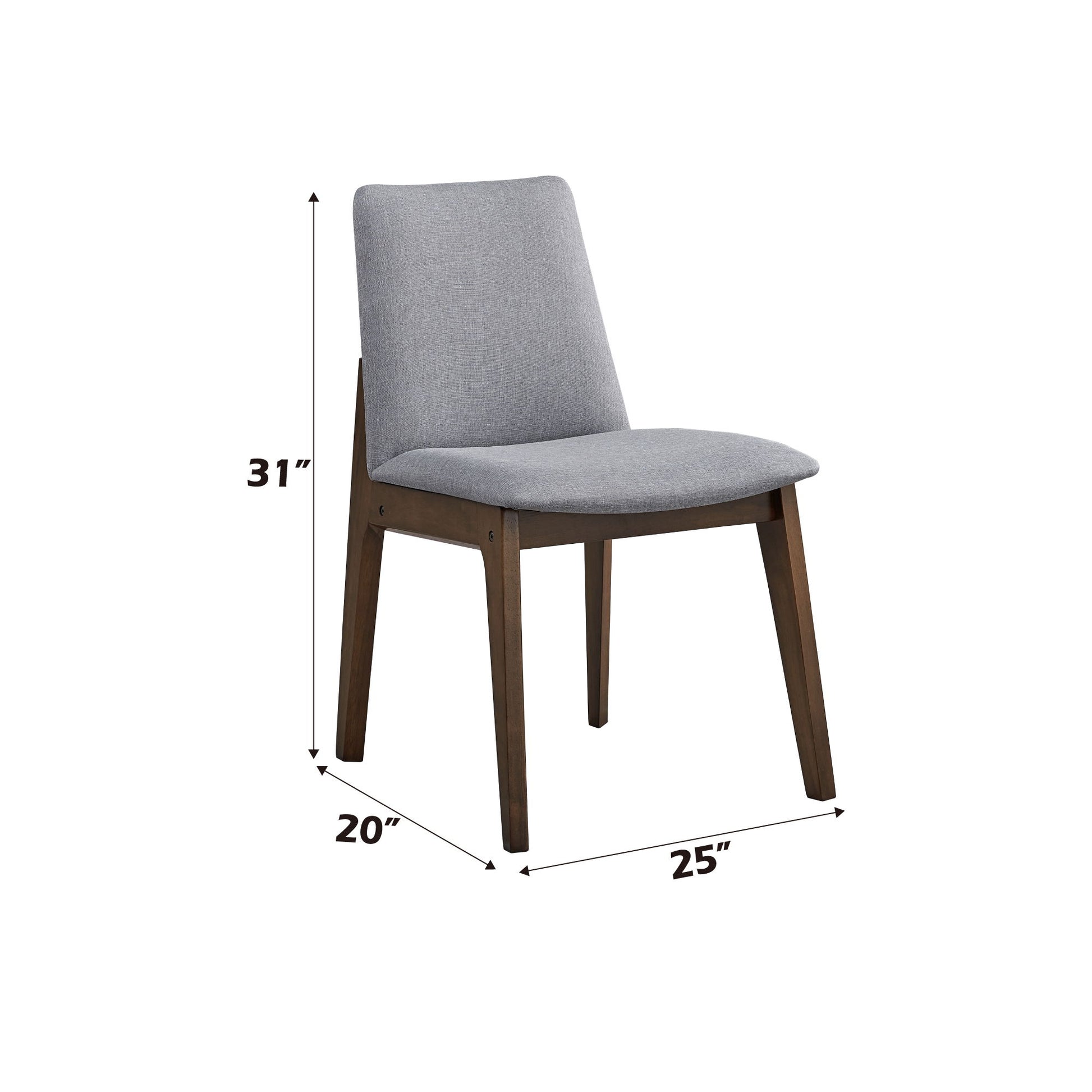 The Kaela Side Chair (Set of 2) in light gray features a cushioned seat and backrest, wooden legs, and measures 31” tall, 20” deep, and 25” wide—a stylish modern addition to your dining space.