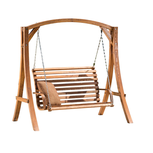 The San Juan Outdoor Swinging Loveseat With Support features a wooden frame, slatted seat and backrest, metal chain suspension, and a brown patterned cushion on one side. Photographed against a plain white background.