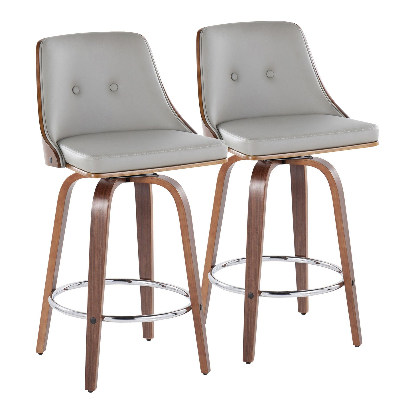 The Gianna set includes two mid-century modern fixed-height bar stools with light gray cushioned seats and backs with button details, curved wooden legs, a round metal footrest, and a swivel design.