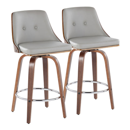The Gianna set includes two mid-century modern fixed-height bar stools with light gray cushioned seats and backs with button details, curved wooden legs, a round metal footrest, and a swivel design.